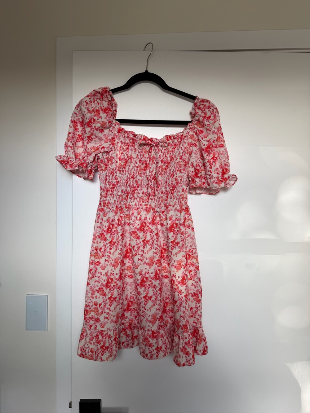 Pink Floral Smocked Puff Sleeve Mini Dress
